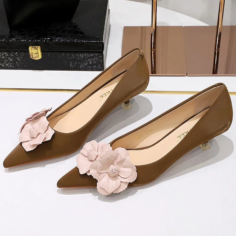 BIGTREE Shoes 4 Cm Stilettos Mid Heel Shoes Women Flower Decoration Design Women Heels Pointed Kitten High Heels Plus Size 43
