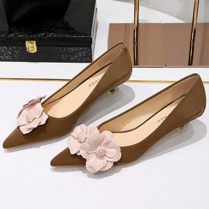 BIGTREE Shoes 4 Cm Stilettos Mid Heel Shoes Women Flower Decoration Design Women Heels Pointed Kitten High Heels Plus Size 43