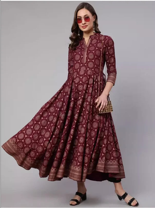 Spring/Summer Collection Indian Ethnic Style Silk Print Stand Collar Bordeaux Red Long Dress