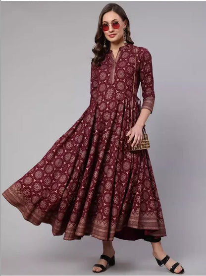 Spring/Summer Collection Indian Ethnic Style Silk Print Stand Collar Bordeaux Red Long Dress