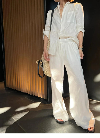 Loose Fit Linen Shirt Set Women Summer Thin Sun Protection Casual Wide Leg Pants Two Piece Suit Comfortable Breathable