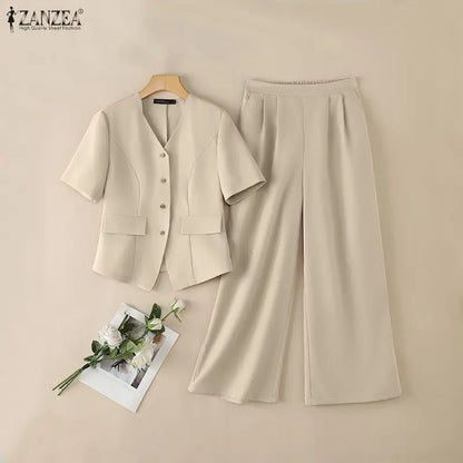 2026 ZANZEA Women Summer V Neck Short Sleeve Blouse Pant Sets Solid OL Work Outfits 2 Pieces Sets Fashion Wide Leg Trousers Suit