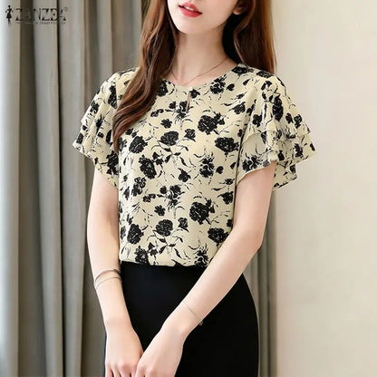 ZANZEA Summer Short Sleeve Tops Fashion Ruffles Women Blouses Floral Print Blouse Tee Streetwear OL Work Party Blusas Tunic 3XL