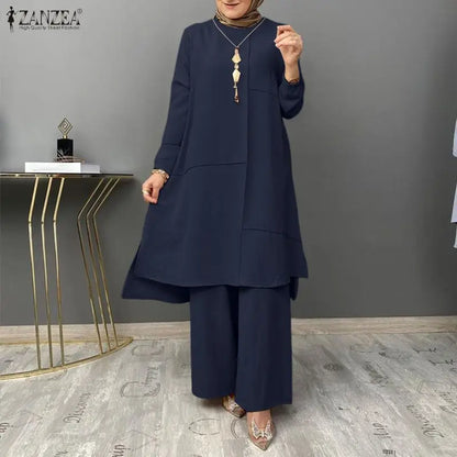 2026 ZANZEA Women Muslim Matching Sets Stylish Long Tops Pant Sets Dubai Hijab Tracksuit Abaya Kaftan Ramadan Outfits IsIamic
