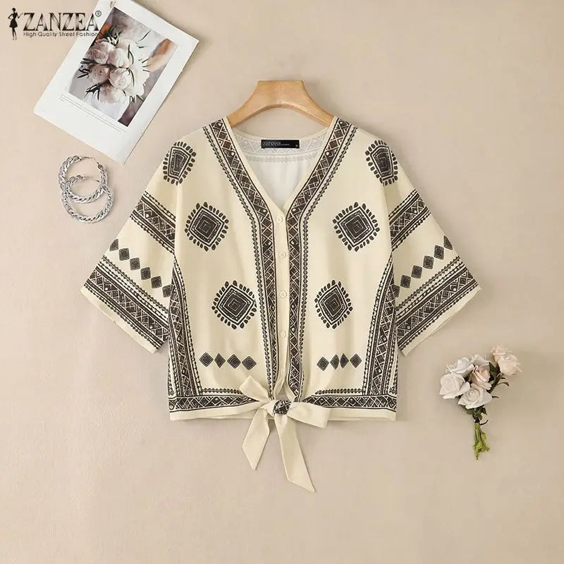ZANZEA Women Ethnic Style Printing Blouses Casual V-Neck Half Bell Sleeves Button Up Tied-Hem Shirts Summer Loose Vacation Tops