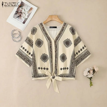 ZANZEA Women Ethnic Style Printing Blouses Casual V-Neck Half Bell Sleeves Button Up Tied-Hem Shirts Summer Loose Vacation Tops