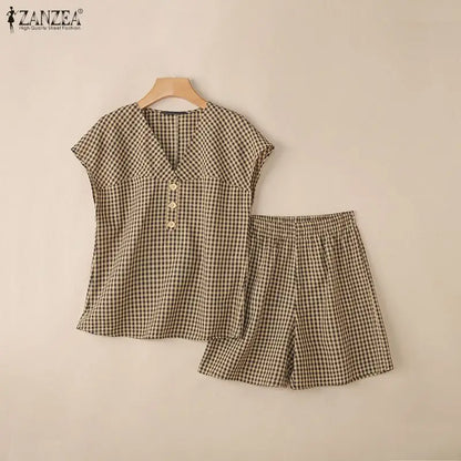 2026 Fashion Summer 2 Pieces Sets ZANZEA Plaid Tracksuit Women V Neck Short Sleeve Blouse Short Sets Casual Holiday Work Outfits