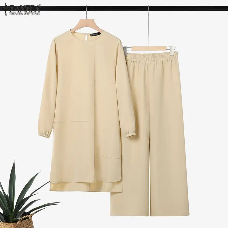 2026 ZANZEA Women Muslim Matching Sets Stylish Long Tops Pant Sets Dubai Hijab Tracksuit Abaya Kaftan Ramadan Outfits IsIamic