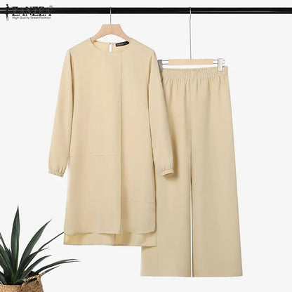 2026 ZANZEA Women Muslim Matching Sets Stylish Long Tops Pant Sets Dubai Hijab Tracksuit Abaya Kaftan Ramadan Outfits IsIamic