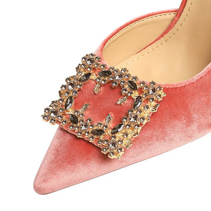 BIGTREE Shoes Rhinestone Women Pumps Metal Square Buckle High Heels Suede Side Empty Ladies Shoes Stiletto Heels 10 cm 7.5 cm