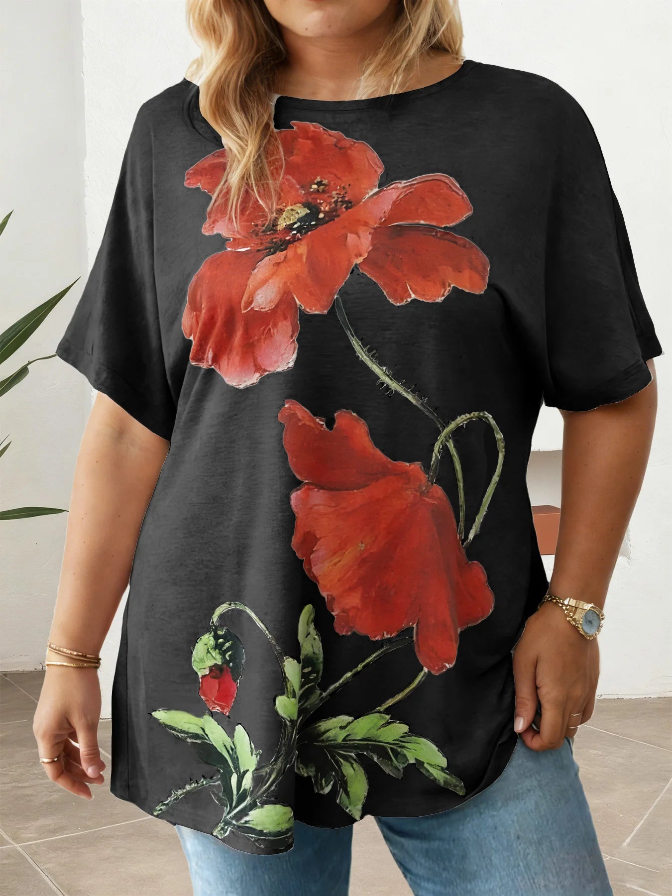 Plus Size Ladies Printed T-Shirt Loose Fit Multi-color Casual Short Sleeve O-Neck Daily Wear Tees