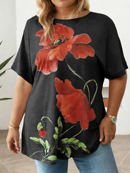 Plus Size Ladies Printed T-Shirt Loose Fit Multi-color Casual Short Sleeve O-Neck Daily Wear Tees
