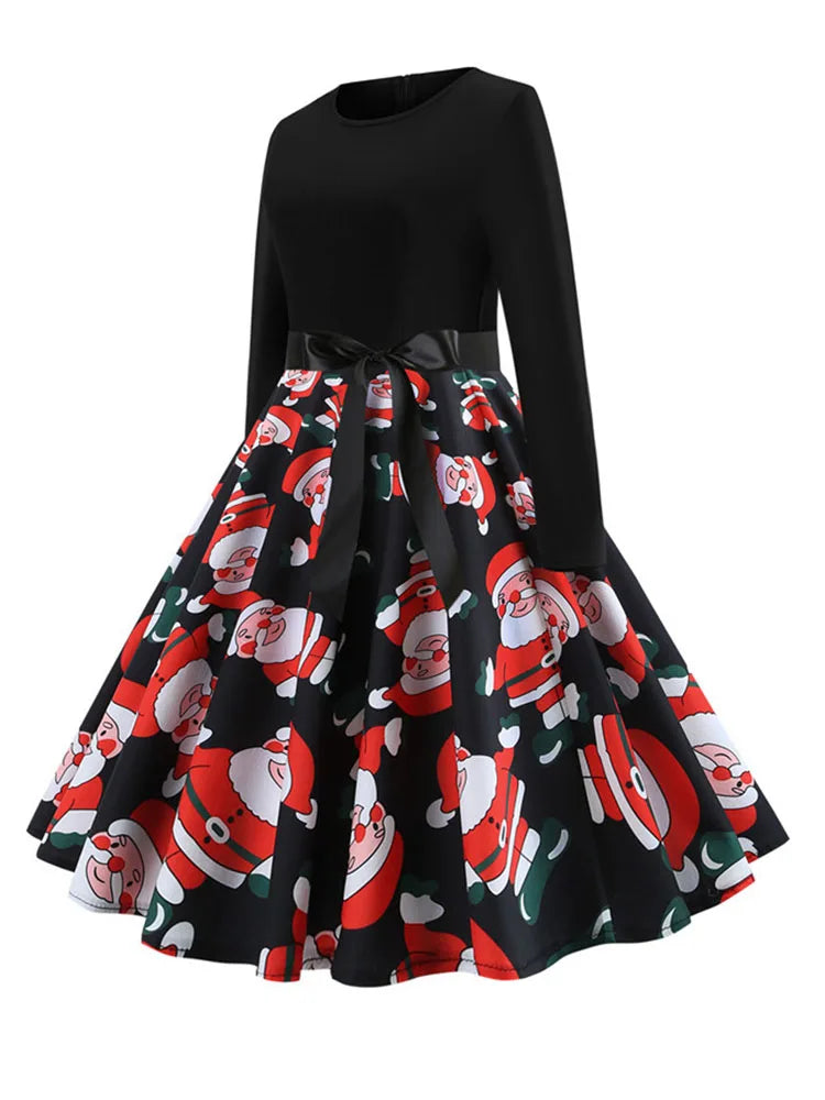 Music Note Print Elegant Party Dress Women Retro Vintage Casual Spring Autumn Midi Dresses