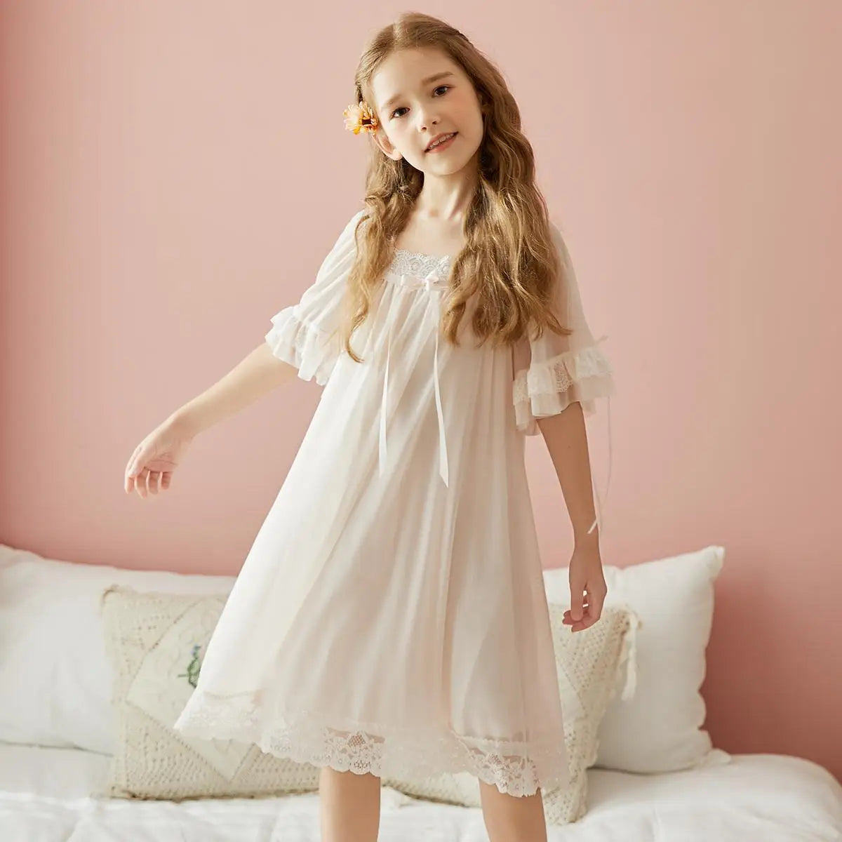 Girls Princess Long Nightgown Short Sleeve Lace Mesh Spring Summer Homewear Matching Family Pajamas Set