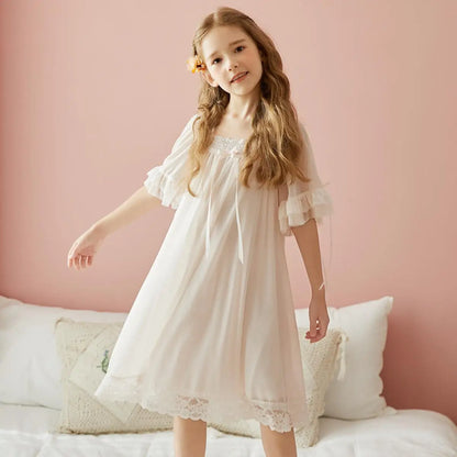 Girls Princess Long Nightgown Short Sleeve Lace Mesh Spring Summer Homewear Matching Family Pajamas Set