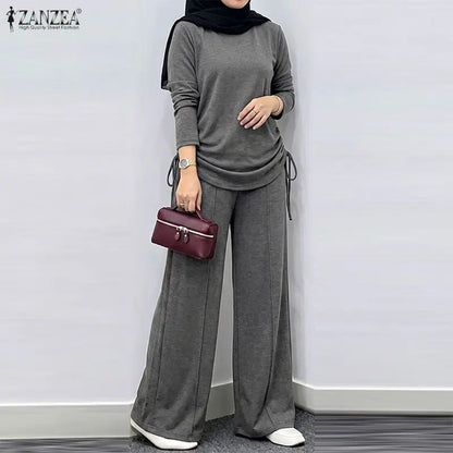 ZANZEA Autumn Long Sleeve Side Tie Knit Tops With Wide Leg Pants Women Muslim 2 Piece Sets Modest Casual Solid Islamic Outfits