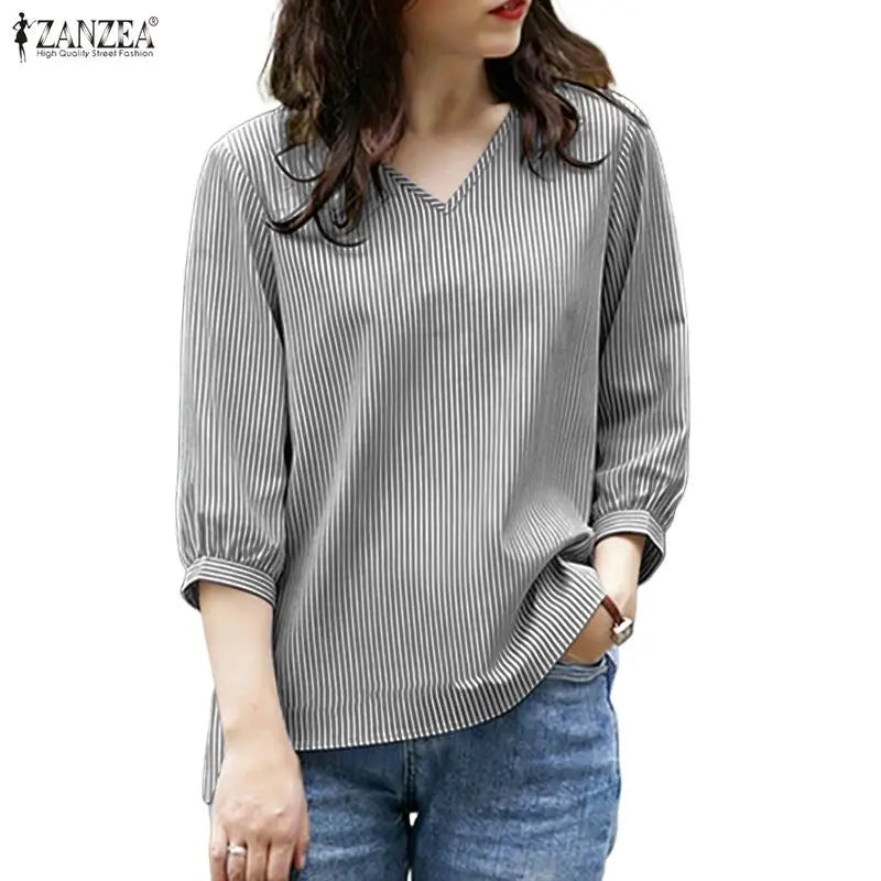 ZANZEA Woman Minimalist Striped Blouses Casual V-Neck 3/4 Puff Sleeve High-Low Tops Spring Summer Day Wear Blusas de Mujer