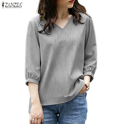 ZANZEA Woman Minimalist Striped Blouses Casual V-Neck 3/4 Puff Sleeve High-Low Tops Spring Summer Day Wear Blusas de Mujer