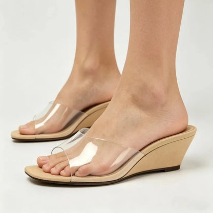 Fashion Wedge Heel Women Slippers Sexy Open Toe Transparent Pvc Strap Design Heeled Sandals for Ladies Summer Elegant Women Shoe