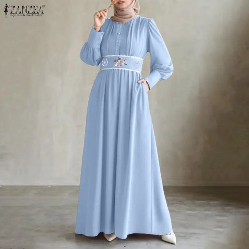 Ramadan Abaya ZANZEA Autumn Embroidered Dresses Muslim Robe Eid Dress IsIamic Clothing Women Long Sleeve Buttons Sundress Kaftan