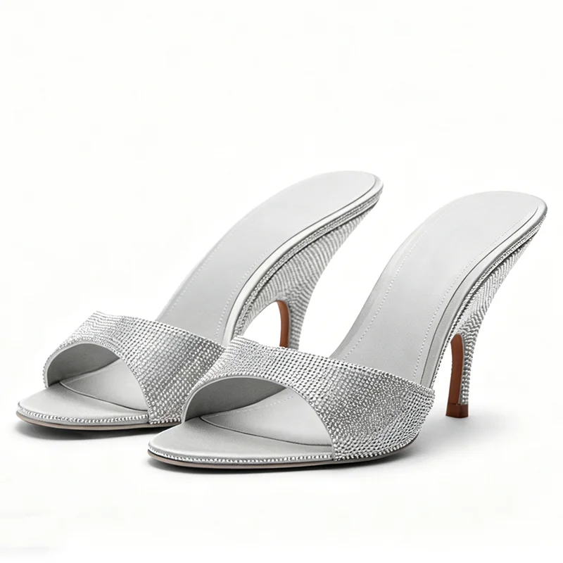 Sexy Peep Toe Women Slippers Stable Wedge Heeled Sandals for Ladies Luxury Rhinestone Detail Summer Shoes Elegant Party Heels