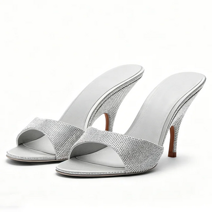 Sexy Peep Toe Women Slippers Stable Wedge Heeled Sandals for Ladies Luxury Rhinestone Detail Summer Shoes Elegant Party Heels