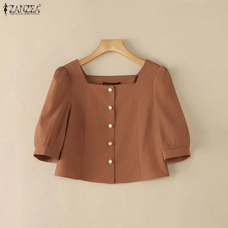ZANZEA Summer Autumn Women Blouses Fashion Square Collar Solid Color Tops Half Sleeve Tee Blusas Fashion Streetwear Oversize