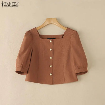 ZANZEA Summer Autumn Women Blouses Fashion Square Collar Solid Color Tops Half Sleeve Tee Blusas Fashion Streetwear Oversize