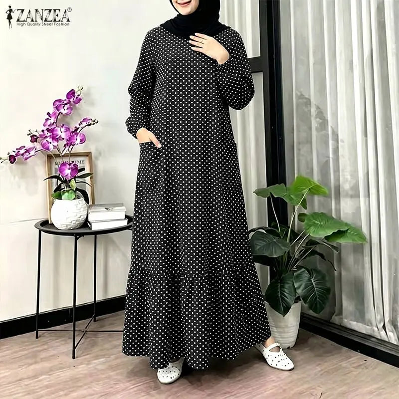 ZANZEA Casual Polka Dots Printed Women Muslim Abaya Dress O Neck Long Sleeve Sundress Dubai Robe Kaftan Bohemian Maxi Dresses