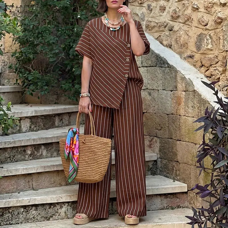 ZANZEA Stylish Summer 2 Pieces Sets Women Striped Tracksuit O Neck Short Sleeve Blouse Pants Sets Holiday Outfits Matching Sets