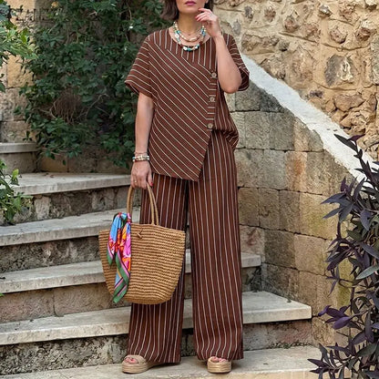 ZANZEA Stylish Summer 2 Pieces Sets Women Striped Tracksuit O Neck Short Sleeve Blouse Pants Sets Holiday Outfits Matching Sets