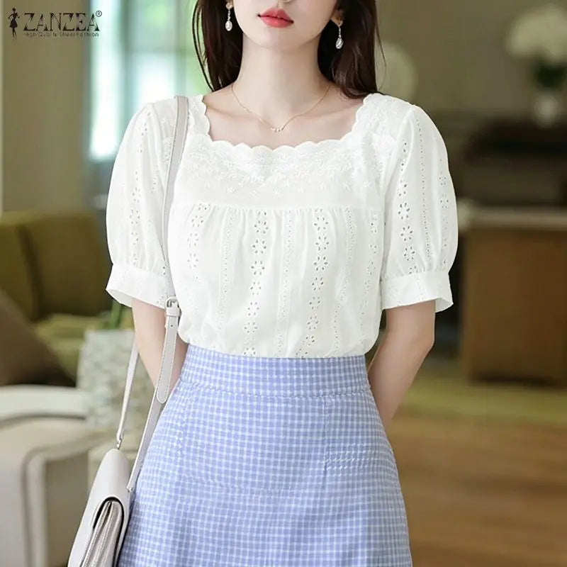 ZANZEA Openwork Embroidered Blouses for Woman Elegant Lace Trim Square Neck Tops Summer Feminine Short Puff Sleeve Blusas Mujer