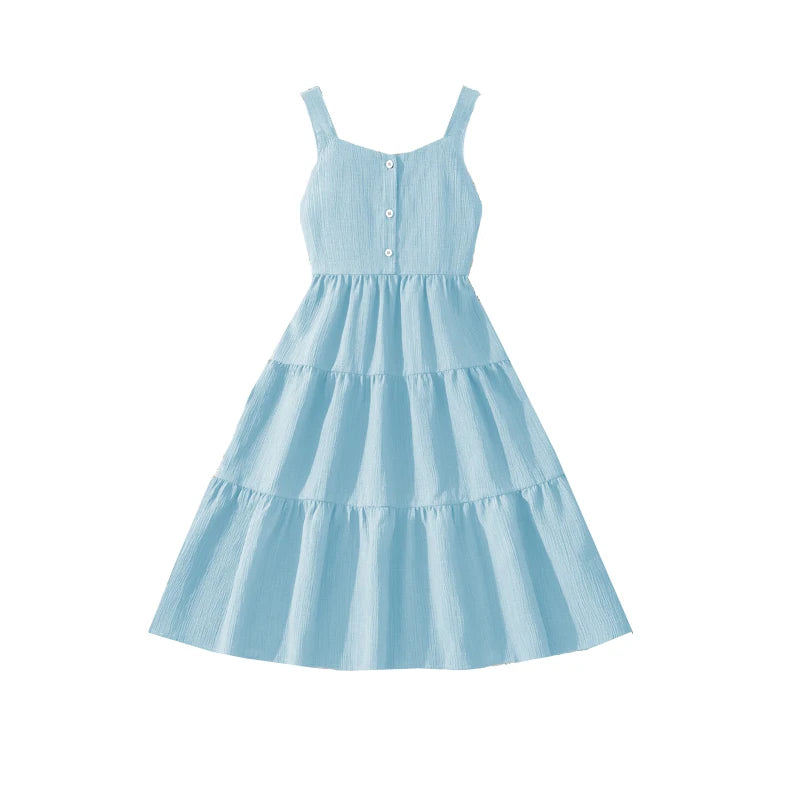 Girls 8-12 Green Summer Dress, Sleeveless Tiered Design with Back Bow & Elastic Waist, Casual Kids Wear
