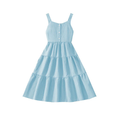 Girls 8-12 Green Summer Dress, Sleeveless Tiered Design with Back Bow & Elastic Waist, Casual Kids Wear