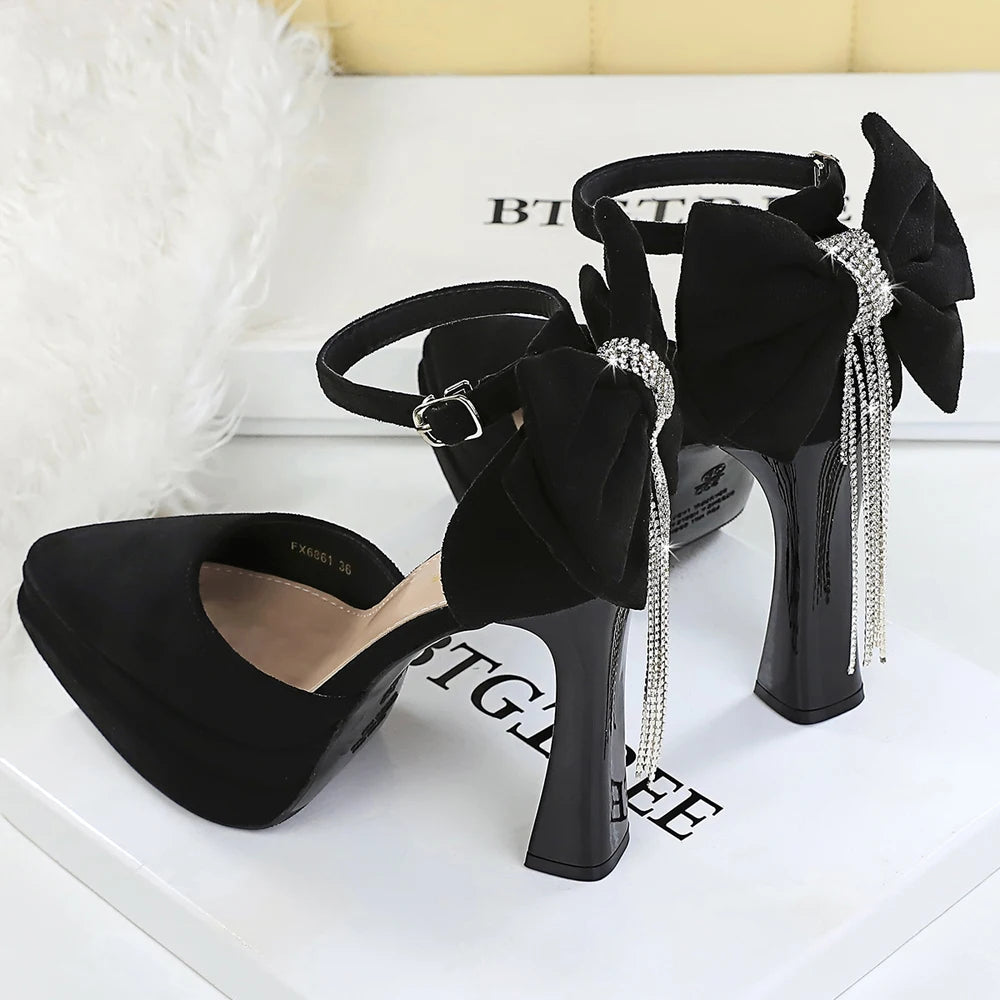 BIGTREE Shoes Suede Ultra High Heels 11.5 CM Bowknot Design Women Pumps Platform High-heeled Sandals Women Chunky Heel Shoes