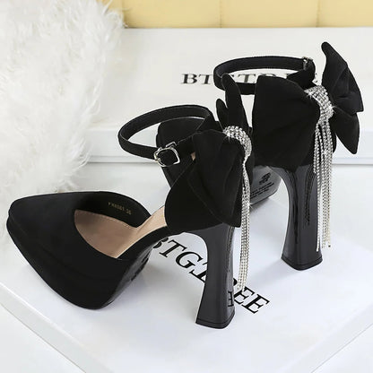 BIGTREE Shoes Suede Ultra High Heels 11.5 CM Bowknot Design Women Pumps Platform High-heeled Sandals Women Chunky Heel Shoes