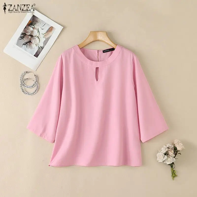 ZANZEA Woman Minimalist Loose Blouses Cutout O-Neck 3/4 Sleeve Solid Color Tunic Tops 2026 Autumn Casual Daily Wear Blusas Mujer