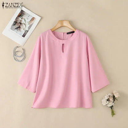 ZANZEA Woman Minimalist Loose Blouses Cutout O-Neck 3/4 Sleeve Solid Color Tunic Tops 2026 Autumn Casual Daily Wear Blusas Mujer