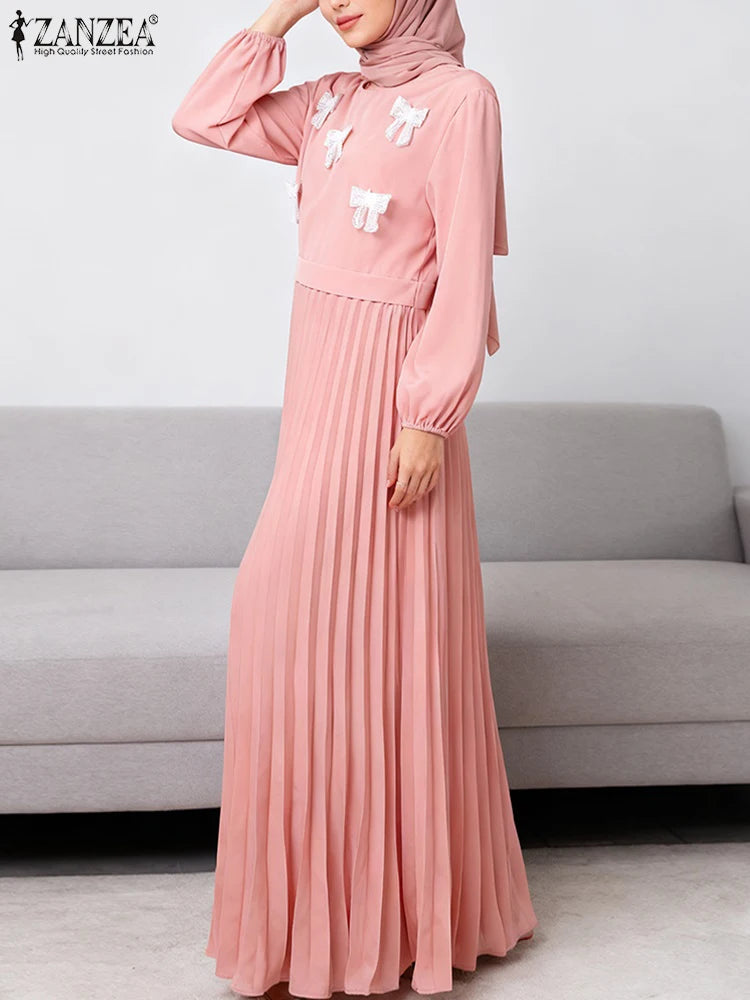 2026 Fashion Muslim Abaya Dress ZANZEA Women Elegant Long Sleeve Patchwork Party Dress Dubai Robe Spring A Line Pleated Sundress