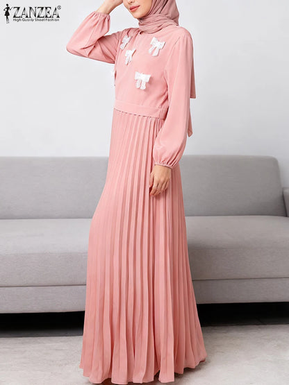 2026 Fashion Muslim Abaya Dress ZANZEA Women Elegant Long Sleeve Patchwork Party Dress Dubai Robe Spring A Line Pleated Sundress
