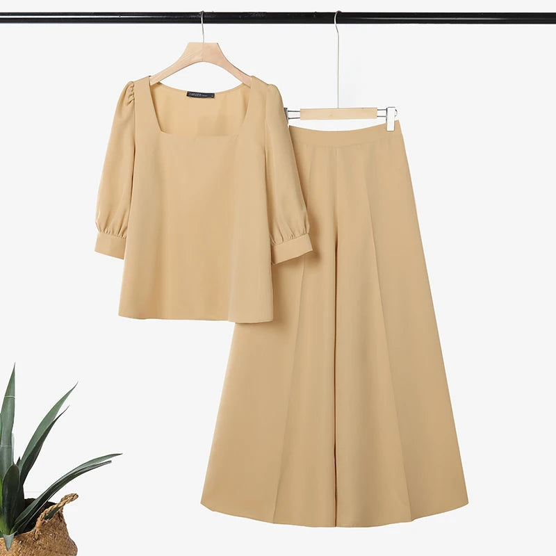 2026 Summer Outfits Elegant Women OL Work Wide Leg Pants Sets ZANZEA  Square Neck 3/4 Sleeve Blouse Trousers Solid 2 Pieces Sets