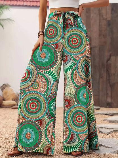 Women's Bohemian Style Printed Wide Leg Pants Casual Vacation Comfortable Elastic Waist Long Strapped Trousers