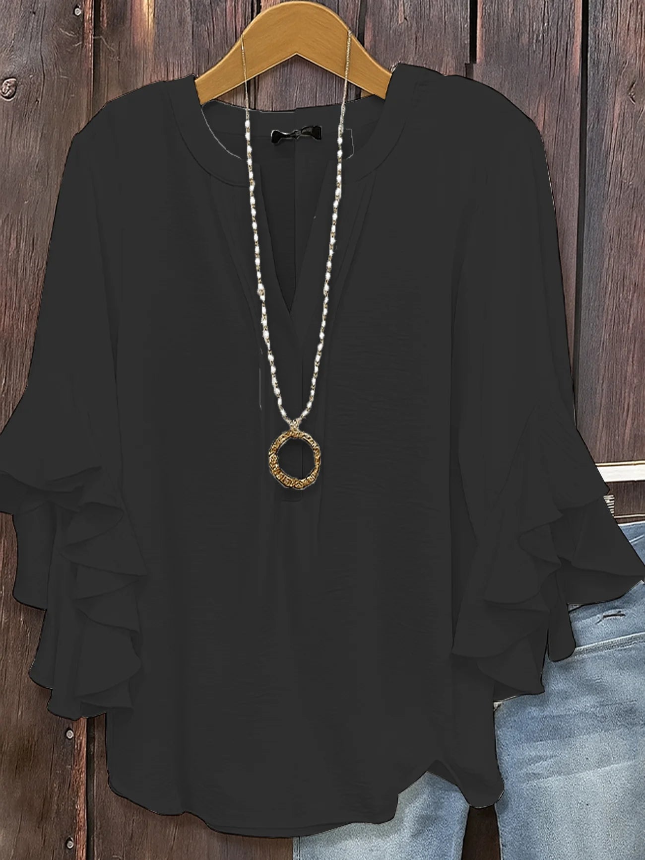 Women V Neck Ruffle Sleeve Loose Chiffon Blouse Casual Summer Top Elegant Office Lady Business Work Shirt Fashion Tunic