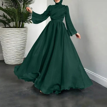 Fashion Muslim Abaya 2026 ZANZEA Women Stand Neck Long Sleeve Pleated Sundress Solid Belted Robe Dubai Hijab Dresses Oversize
