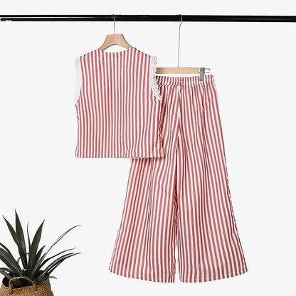 ZANZEA Summer Elegant V Neck Sleeveless Striped Lace Trim Blouse Pants Sets Women Outfits Casual OL Work Tracksuit 2 Pieces Sets