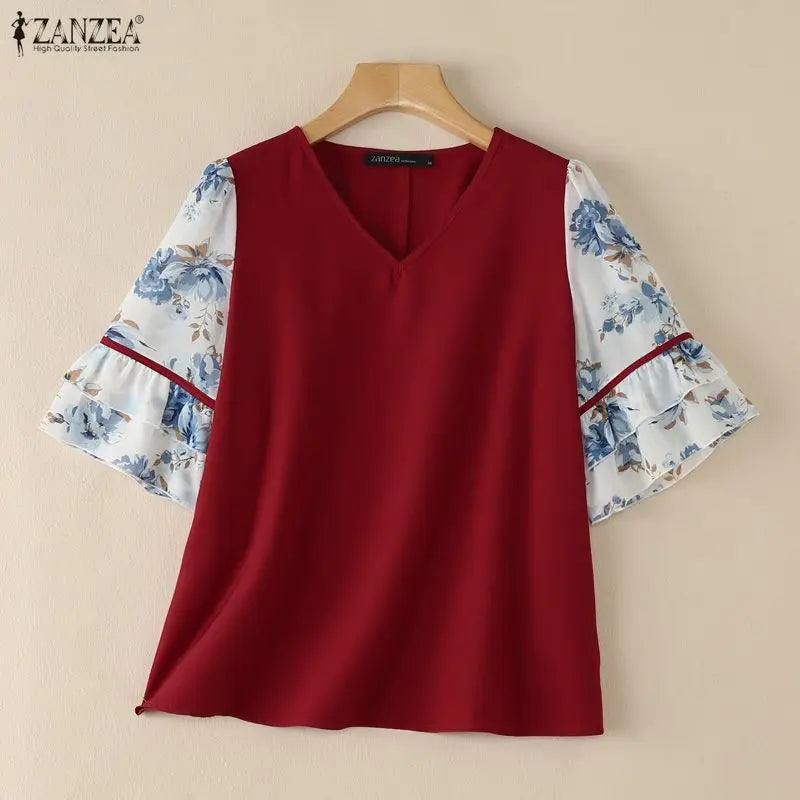 ZANZEA Women's Elegant Blouses Floral Printed Patchwork 3/4 Flared Sleeves V-Neck Loose Tops Summer Casual Blusas de Mujer