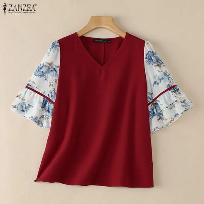 ZANZEA Women's Elegant Blouses Floral Printed Patchwork 3/4 Flared Sleeves V-Neck Loose Tops Summer Casual Blusas de Mujer