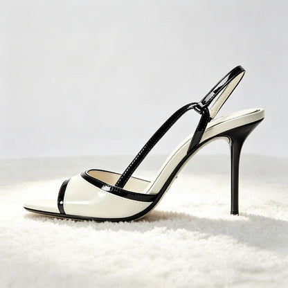 Concise White Black Detail Ankle Strap Heeled Sandals Women Summer Elegant Stiletto Heels for Ladies Faux Leather Designer Shoes