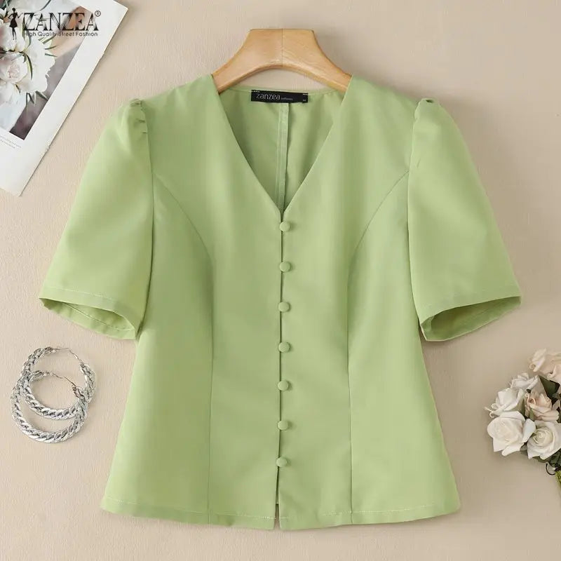ZANZEA Elegant Woman Princess Seam Blouses Summer V-Neck Puff Sleeves Button Up Solid Short Tops Sophisticated Date Night Blusas