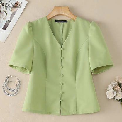 ZANZEA Elegant Woman Princess Seam Blouses Summer V-Neck Puff Sleeves Button Up Solid Short Tops Sophisticated Date Night Blusas